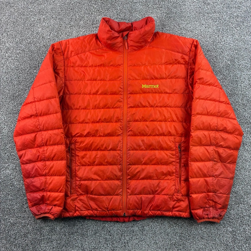 Marmot Puffer Jacket Mens L Orange Nylon Full Zip Lightweight Outdoor Insulated